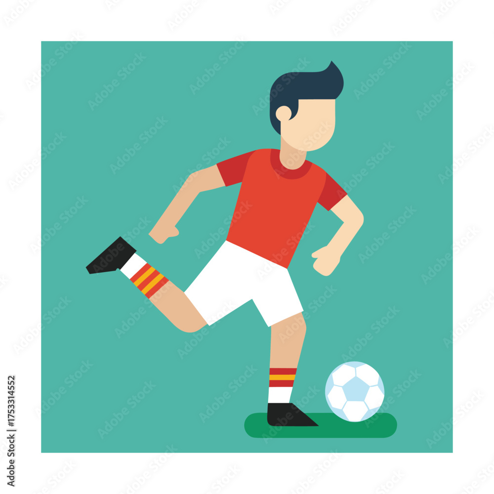 Fototapeta premium Man kicking a soccer ball in red and white uniform