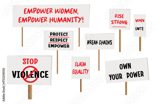 Set of slogans in defense of women's rights on several blank signs on wooden posts. Strike action cardboard placard. Stop violence. Empower women, empower humanity. Isolated on white background.