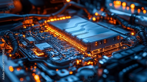 Close-Up of Electric Vehicle Battery with Advanced Circuitry and Vibrant LED Illuminations