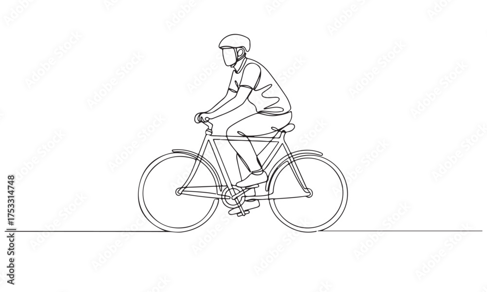 Fototapeta premium Minimalist Continuous Line Art of a Person Riding a Bicycle with a Helmet