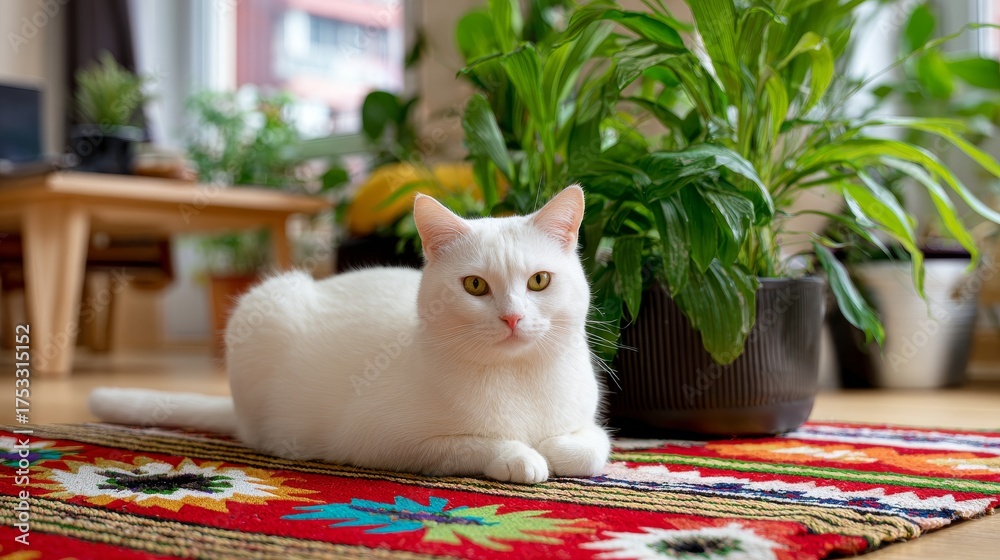 custom made wallpaper toronto digitalCharming domestic cat sitting on a woven mat, surrounded by green indoor plants and cozy Scandinavian-style furnishings.