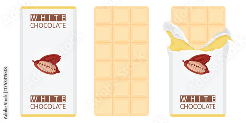 Chocolate bar package packaging set, isolated on white background. Milk chocolate bar wrapped in foil. White chocolate. Vector
