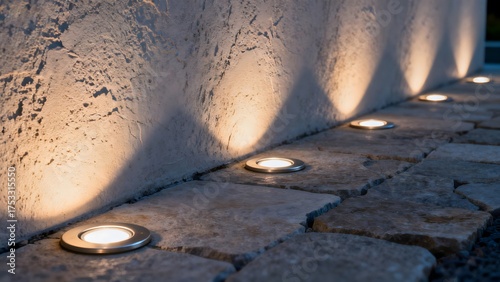 Outdoor ground lights along stone path