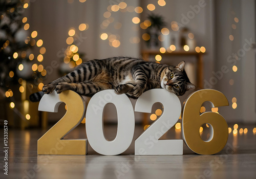Cute tabby cat lying on large golden and white 2026 numbers, festive bokeh lights in background, cozy modern new year celebration concept