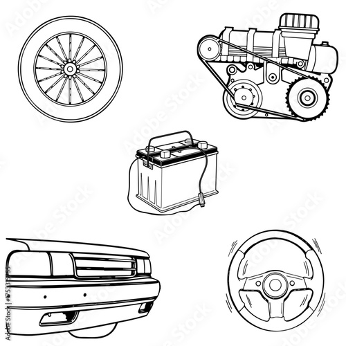 Wheel, steering wheel, bumper, engine, battery. Collection of vector sketches, car parts