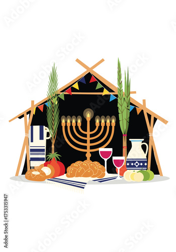 A beautiful sukkah filled with symbolic items for a Jewish holiday celebration.