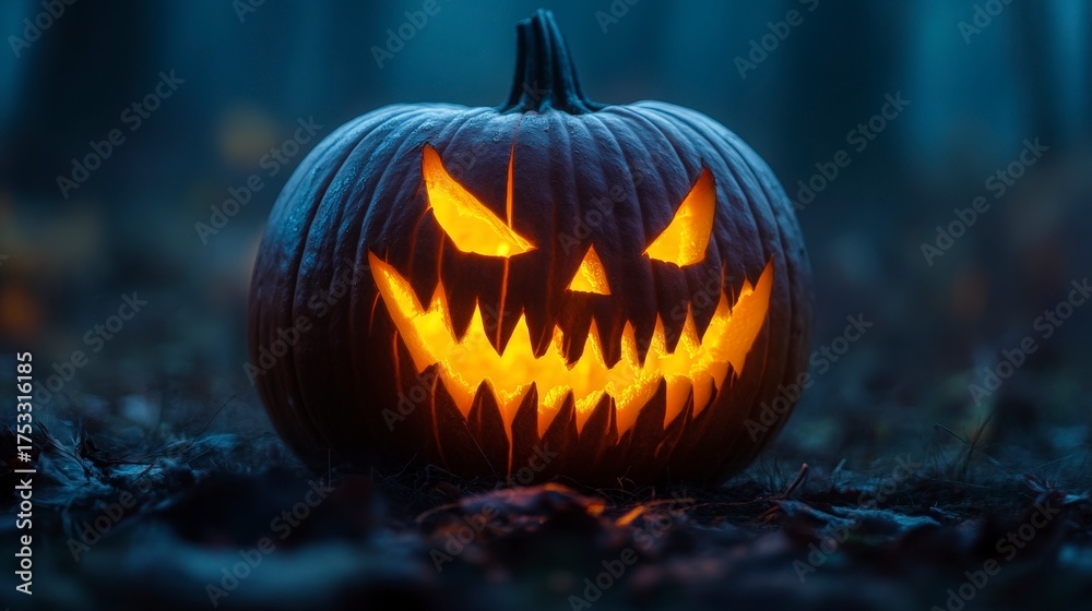 Fototapeta premium Spooky Carved Pumpkin Lantern with Grinning Face Illuminated in Mysterious Halloween Night Setting