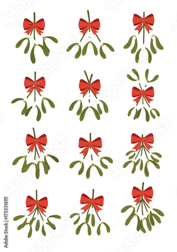 A festive collection of mistletoe sprigs adorned with bright red bows perfect for holiday decorations.