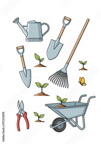 A collection of gardening tools including a watering can spade rake shears wheelbarrow and small plants being tended to with a butterfly fluttering nearby.