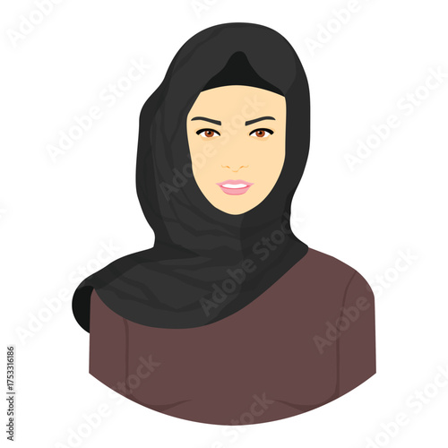 Muslim woman in hijab. Portrait of young arab girl in traditional dress. Female avatar in cartoon style. Vector illustration