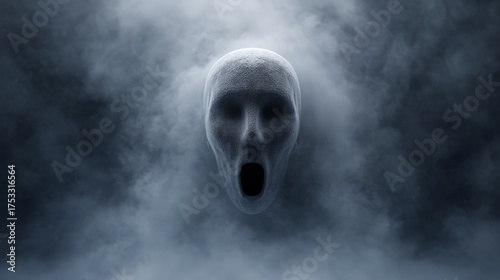 Ethereal screaming face with hollow eye sockets rising from swirling dark fog, evoking horror, panic and a haunting, otherworldly presence for surreal, eerie themes