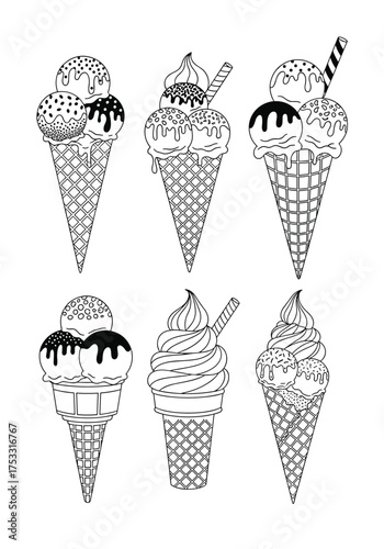 A delicious collection of six assorted ice cream cones with various toppings and flavors perfect for a summer treat.