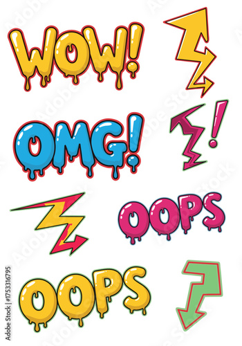 Explosive comic style words and lightning bolts represent surprise and exclamation.