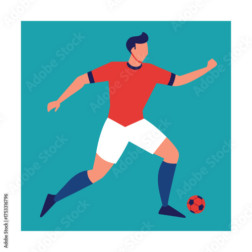 Soccer player in red jersey kicking ball on teal background