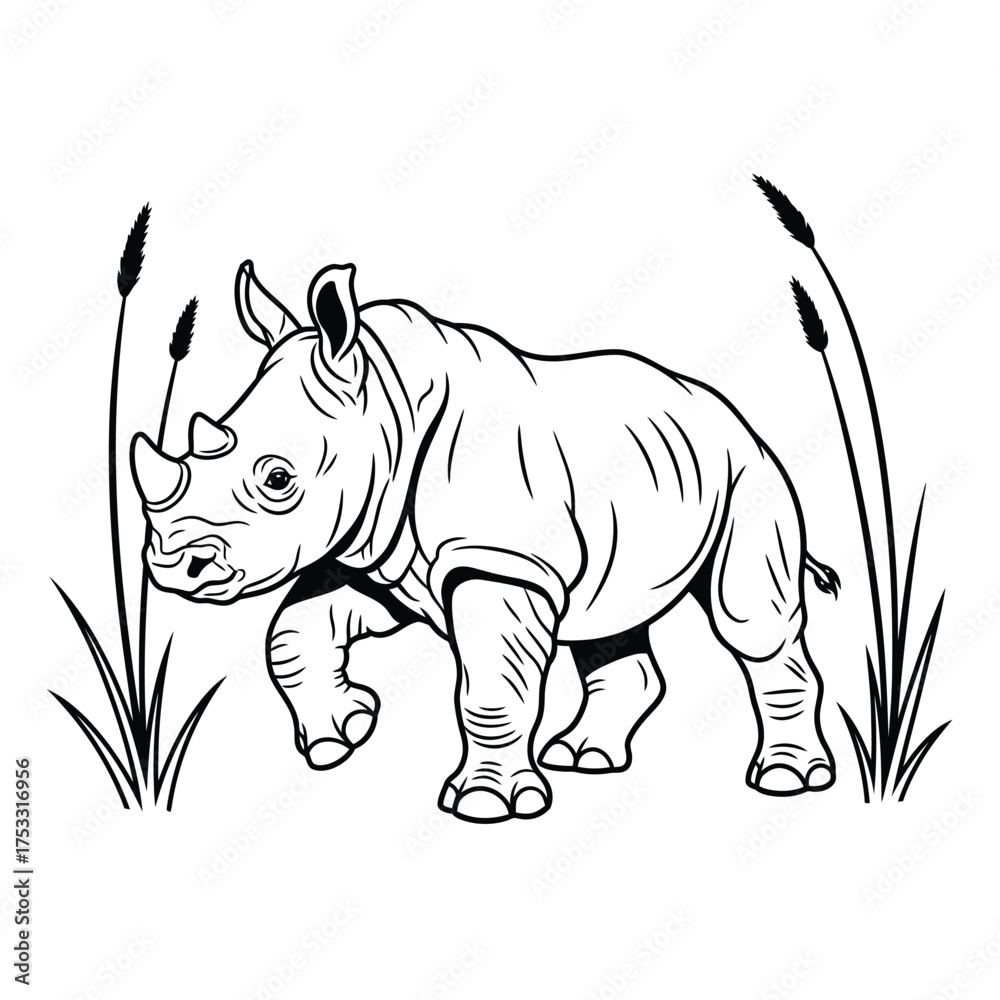 Fototapeta premium Rhinoceros Silhouette in Grassland Minimalist Wildlife Vector with Cattail Plants