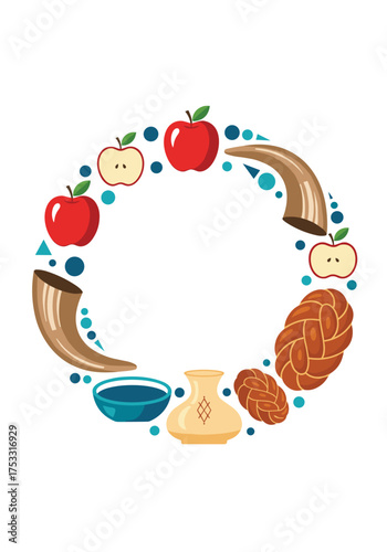 Rosh Hashanah holiday symbols arranged in a circle with apples honey and shofar.