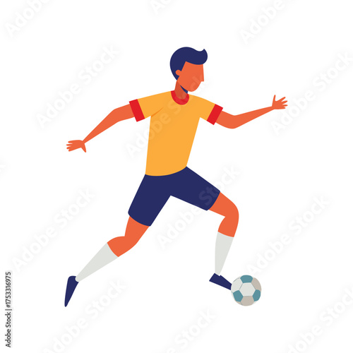 Soccer player in yellow jersey dribbling ball on white background
