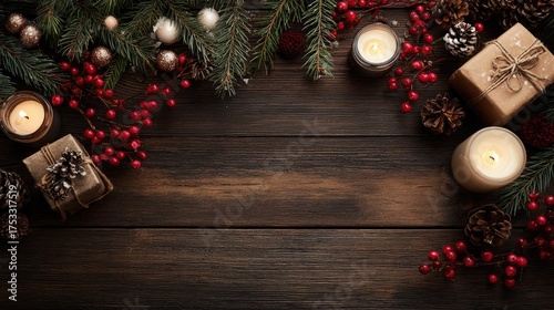 Festive arrangement of pine branches, berries, candles, and gifts on wood.