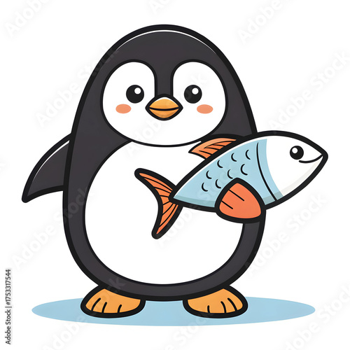 penguin with fish icon cartoon of penguin with fish