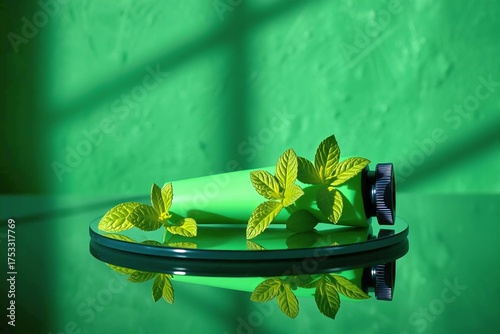 Elegant advertising composition with hand cream, bergamot, basil, and moss on a dark green background.
