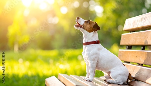 Fototapeta Naklejka Na Ścianę i Meble -  A small, white and brown dog wearing a red collar sits on a wooden bench, gazing up with open mouth, in a bright, green park