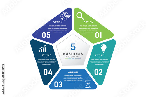 5 Option Pentagon Business Infographic with Icons and Central Label