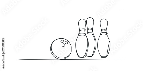 Bowling ball and pins simple line drawing