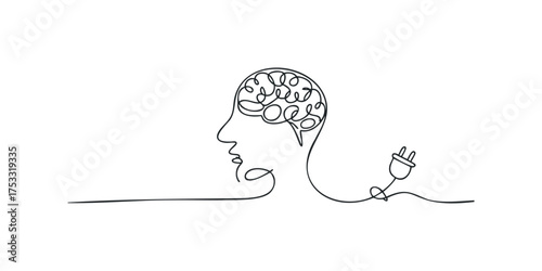 Line art of a head with a tangled brain and a power plug