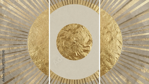 Golden sun geometry triptych featuring concentric circular forms and linear rays in beige, gray, and gold foil texture. A luminous, minimalist wall art design bringing warmth.