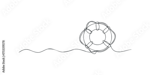 Minimalist single line drawing of a lifebuoy floating on wavy water