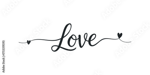 Elegant script word love with decorative hearts