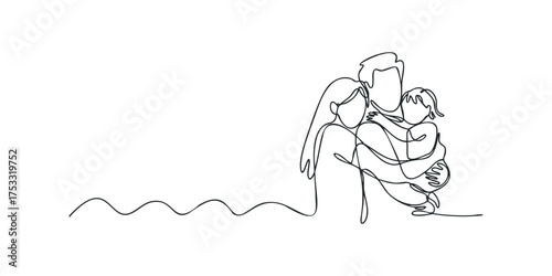 Continuous line drawing of a loving family embracing together