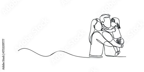 Continuous line drawing of a family sharing an embrace