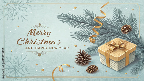 A festive christmas card with a gift box pine cones ribbons and a merry christmas and happy new year message