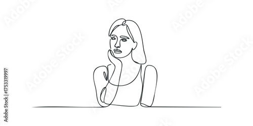 Woman deep in thought with hand on chin drawn with continuous line