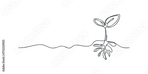 Single line drawing of a plant sprout with roots