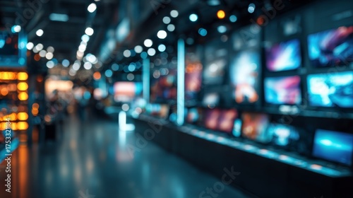 Wallpaper Mural Modern Electronics Retail Store Interior with Soft Glowing Lights and Blurry Background of Displays and Products Torontodigital.ca