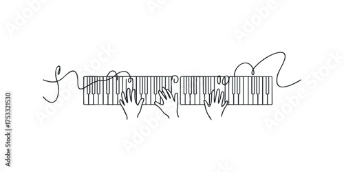 Hands playing piano keyboard in simple line drawing