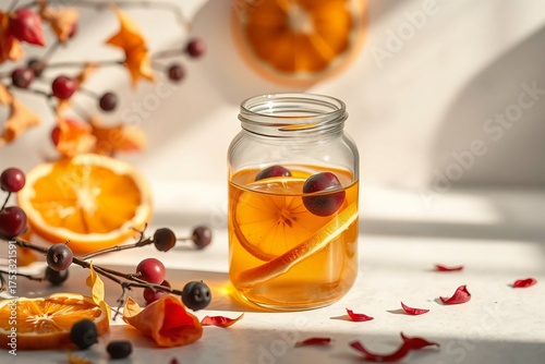 Clear glass jar with golden liquid, styled with dried orange slices, berries, and rose petals in a minimalist editorial setting.