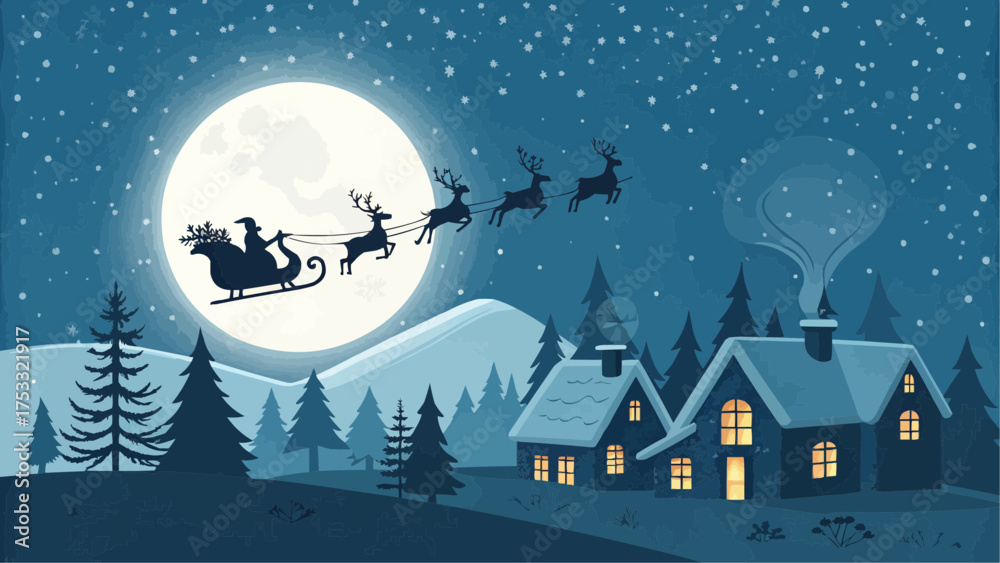 Fototapeta premium A christmas scene with santa in his sleigh flying over a snowy landscape with houses and trees at night
