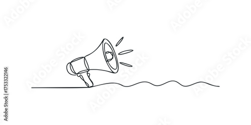 Continuous line drawing of a megaphone projecting sound waves