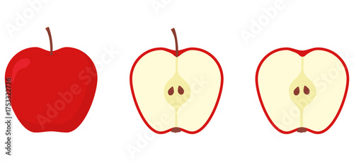 Red whole and half apples collection. Sweet cut fruits set. Vector illustration isolated on white.