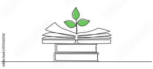 Open book with green sprout plant continuous line drawing. Growing knowledge concept. Vector illustration isolated on white.