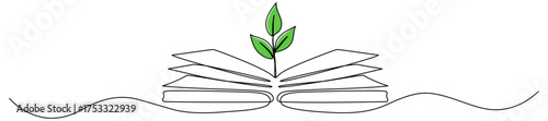 Open book with green sprout plant continuous line drawing. Growing knowledge concept. Vector illustration isolated on white.