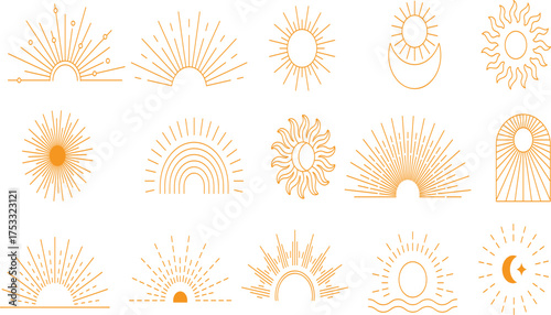 Collection of boho sun and celestial line art set. Mystical sunrise, sunset, and cosmic symbols for spiritual design. Vector graphic element illustration