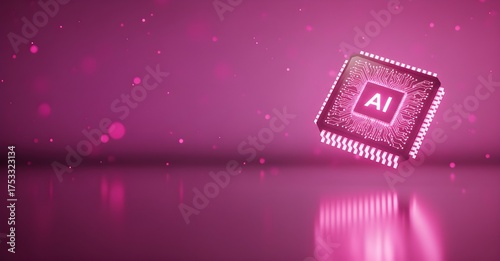 Floating Pink AI Microchip on Reflective Background with Copy Space