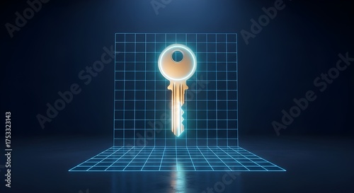 Cyber Security Digital Key on Blue Grid Background	