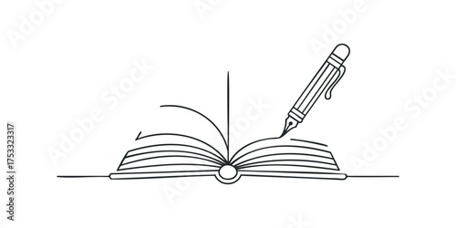 Line Drawing of Fountain Pen Writing on Open Book