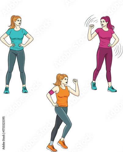 Seamless Vector Pattern of Woman Standing, Walking, and Running Figures Repeating for Fitness, Sports, and Active Lifestyle Designs.