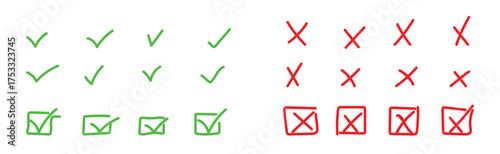 Hand drawn green checkmarks and red xs representing correct and incorrect choices